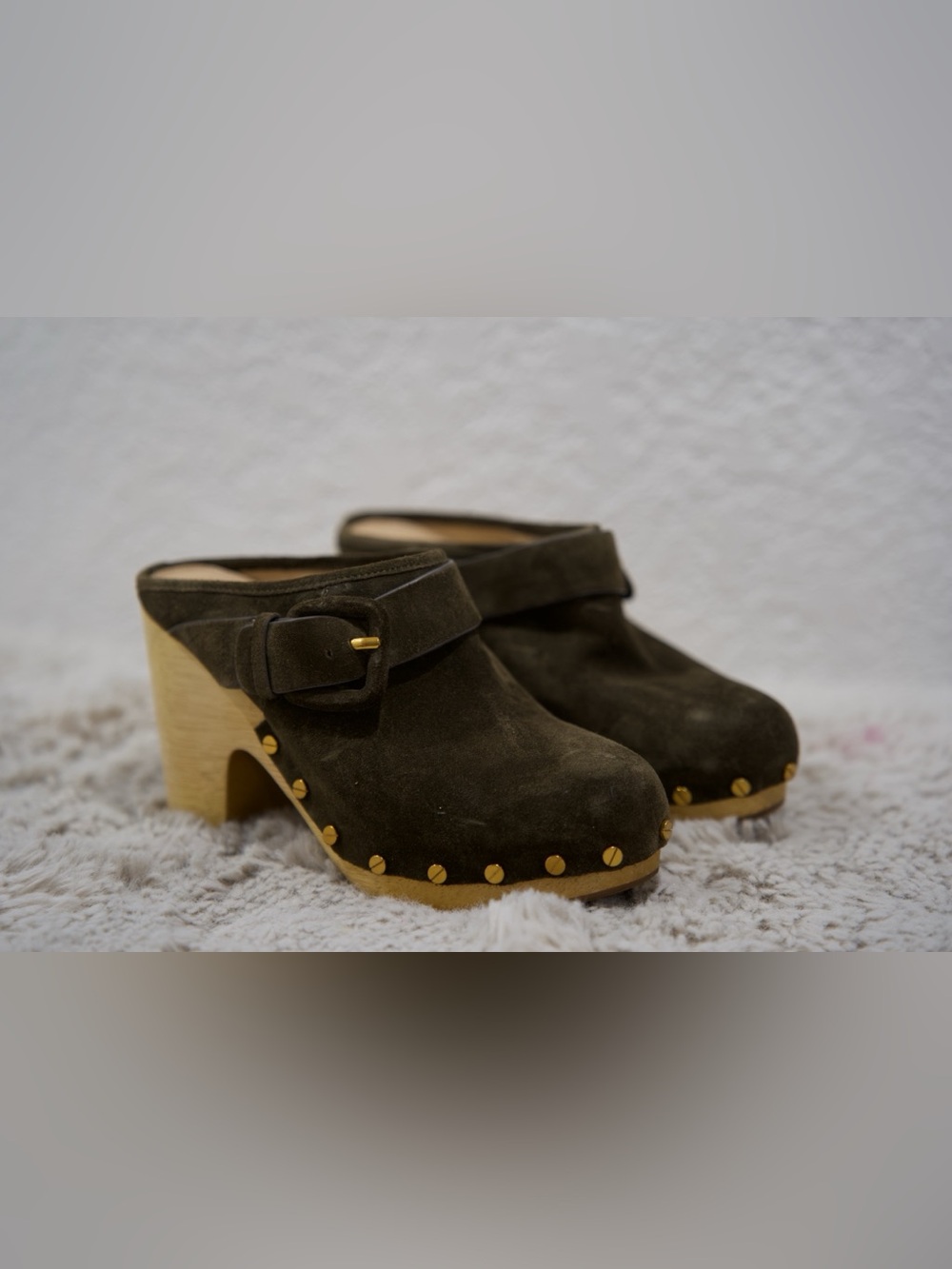 Veronica Beard Olive Suede Clog Mules with Gold Studs